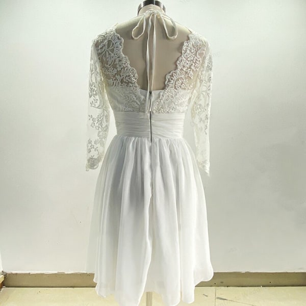Boho Elegant Korta Bröllopsklänningar 2023 V-hals Knälång Spets 3/4 långa ärmar Strandbrudklänningar Illusion Vestido De Novia White 14