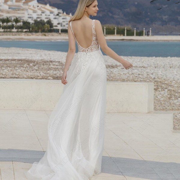 2023 Sparkly Beach Bröllopsklänningar Boho Luxury Backless Spets Applikation Tyll Brudklänning Customize A Line Robe De Mariée ivory 10