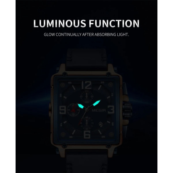 Klockor för män Vattentät Läder Quartz Armbandsur Luminous Kronograf Datum Kalender Herrklocka black