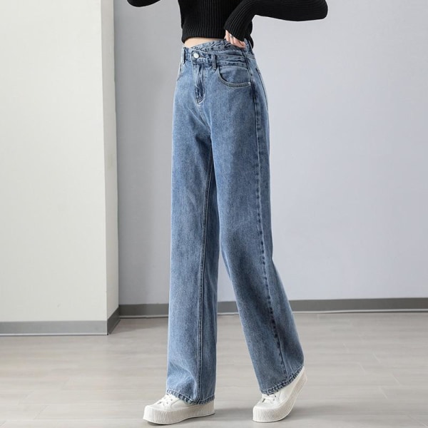 FINORD Höst Vinter Vita jeans med vida ben Kvinnor Koreanska Casual lösa jeans Streetwear Harajuku Vintage raka jeansbyxor Blue M