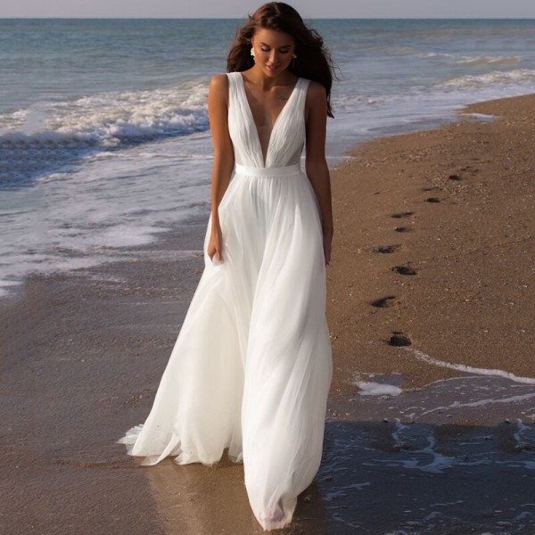 Strandklänning Brudklänningar för kvinnor Fest Bröllopskvällsrock Brud 2023 Lämplig förfrågan Bröllop Kvinnors djup V-ringning white 10