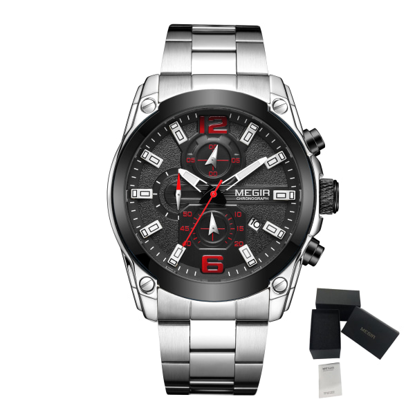 MEGIR Lyx Watch Armbandsur i rostfritt stål Vattentät Herrklocka Lysande watch Kalender reloj hombre 2063 SilverBlack