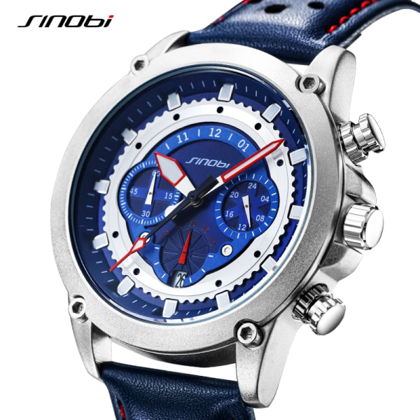 SINOBI Sports Herrklockor i rostfritt stål Kronograf Man Quartz Armbandsur Blue