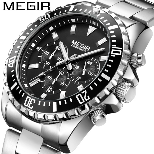 MEGIR Luxury Business Quartz Watch Märke Rostfritt stål Kronograf Army Militär Watch Relogio Masculino Manlig Black