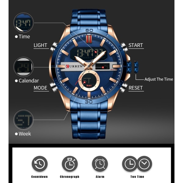 CURREN Mode Sport Blå Digitala klockor för män med kronograf i rostfritt stål Luminou Armbandsur LED Watch för män gold