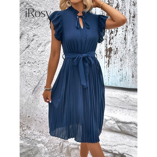 Elegant midi plisserad klänning för kvinnor Blå volangärm Elastisk midja klänning med bälte Kvinnlig sommarkläder Festoutfit blue M