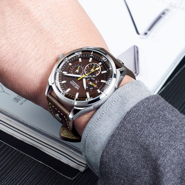 MEGIR Brand Quartz Watch Relogio Masculino Läderrem Military Business Armbandsur Herr Klocka Timme Tid Man Chronograph GoldBlack