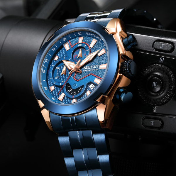 MEGIR Mode Herrklockor Lyx Business Watch för Herr Armbandsur i rostfritt stål Quartz Watch Datum Klocka Reloj Hombre 2065 RoseBlue
