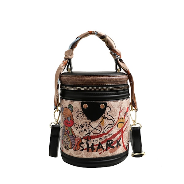 Tryckt Graffiti Bear Bärbar Hinkväska Dam 2024 Stylist All-Match Axel Crossbody Cylinder Väska White