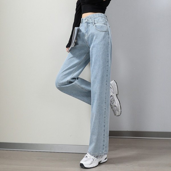 FINORD Höst Vinter Vita jeans med vida ben Kvinnor Koreanska Casual lösa jeans Streetwear Harajuku Vintage raka jeansbyxor Blue L
