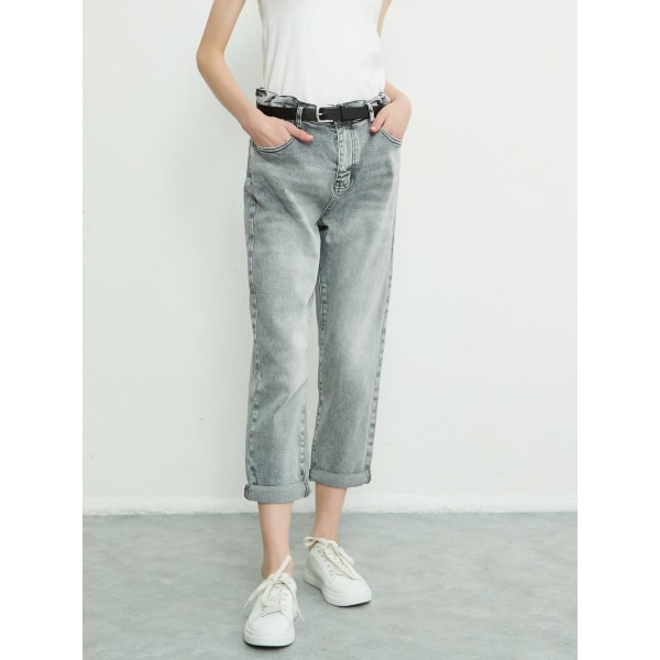 FINORDS Vintage Washed Ljusgrå Boyfriend Jeans Dam Korean Casual Harem Elastisk midja Jeans Streetwear Lösa jeansbyxor gray M