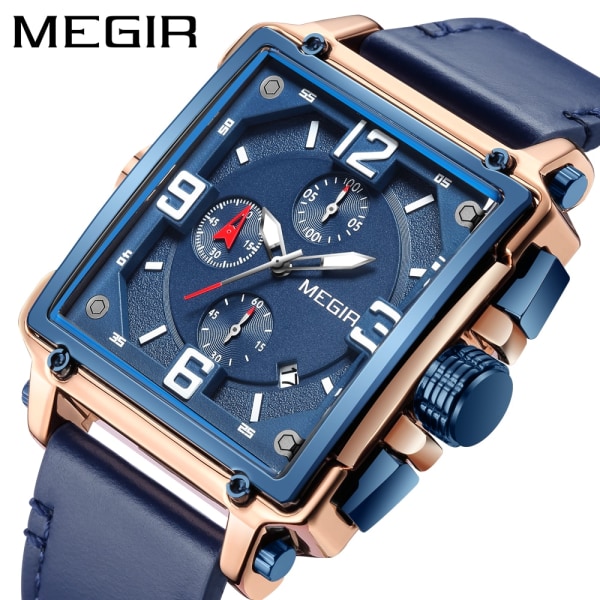 MEGIR New Blue Creative Men Watch Top Märke Lyx Chronograph Quartz Cloc0k Herr Läder Sport Army Military Armbandsur Blue