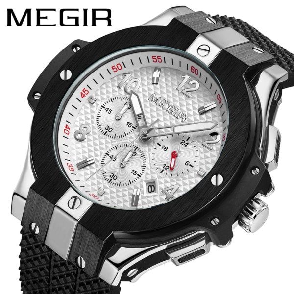 MEGIR Herr Sportklockor Silikonarmband Militär Quartz Watch Luxury Man Chronograph Clock Casual Vattentäta Armbandsur 2050 SilverBlack