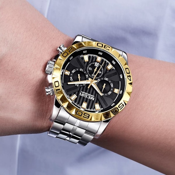 MEGIR Klockor Business Herrklockor Toppmärke Lyx Quartz Casual Armbandsur Date Clock Vattentät Watch Chronograph 2087 GoldSilver