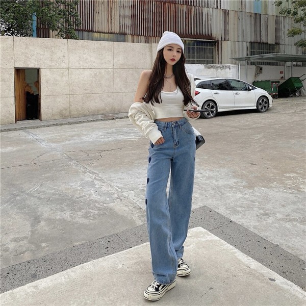 FINORDS Side Heart Broderi Jeans med hög midja Dam Lösa Casual Koreanska Raka Jeans Streetwear Retro Blå Lös Denim Byxa blue M