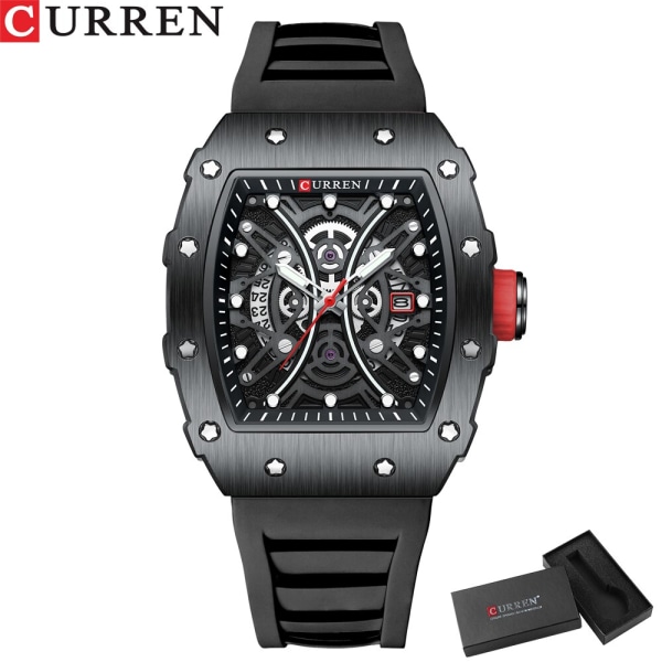 CURREN Watch Casual för män Militärautomatisk watch för män ihålig silikonrem Ljusande klocka reloj hombre Black Box