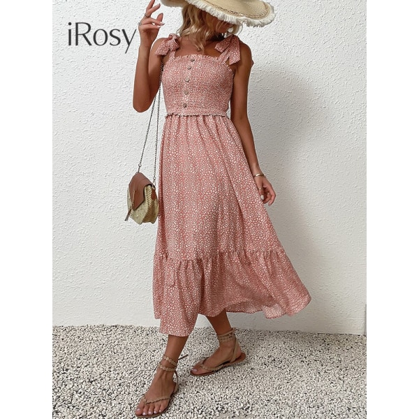 Rosa slipsrem Rynkad volangfåll Cami-klänning för damer Eleganta födelsedagsfestkläder Kvinnor Lång solklänning Kvinnlig Sommarkläder floral XL