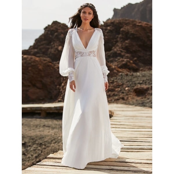 Elegant A Line Bröllopsklänningar 2023Chiffong Långärmad Brudklänning Djup V-ringad Applikation Boho Brudklänning För Kvinnor ivory 12