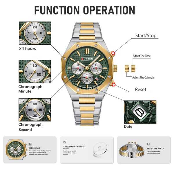 CURREN Klockor för Mans Mode Sport Vattentät Chronograph Octagonal Design Quartz lysande armbandsur med Auto Date Golden green