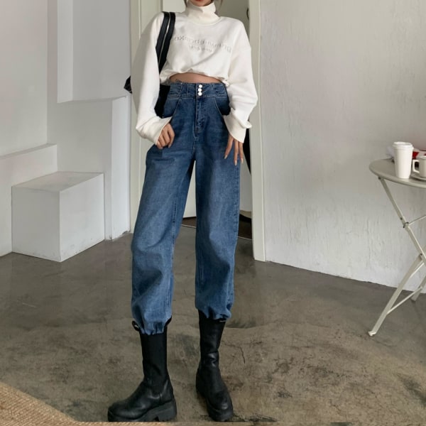 FINEWORDS 3-knappar hög midja koreanska jeans dam Vintage Casual Streetwear Mom jeans Lösa 2022 jeansbyxor med vida ben Blue M