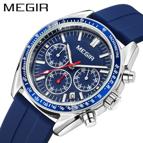 MEGIR Analog Quartz Watch Chronograph Luminous Business Sportklockor med silikonrem Kalender Man Clock reloj hombre Black