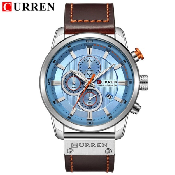 CURREN Watch för män Chronograph Armbandsur Casual Läder Mode Militär Sport Herr Gentleman Quartz Clock 8291 silver blue