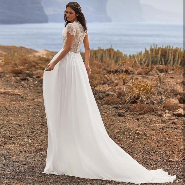 Elegant chiffongveckad Boho bröllopsklänning för kvinnor 2022 spets cap brudklänning Robe De Mariée Bohemian Beach Ivory 18W