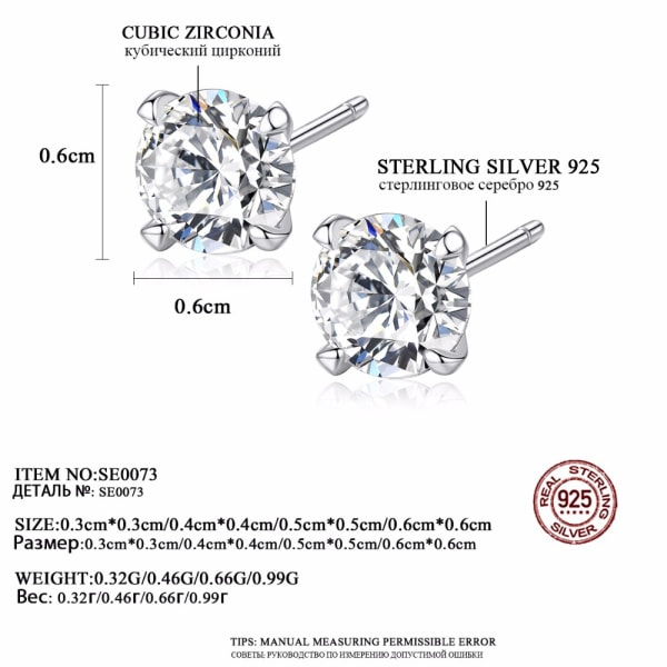 Äkta 925 Sterling Silver örhängen för kvinnor Klassiska fyra klor Storlek 3 mm / 4 mm / 5 mm / 6 mm Main Zircon Stone Ear Stud 3mm