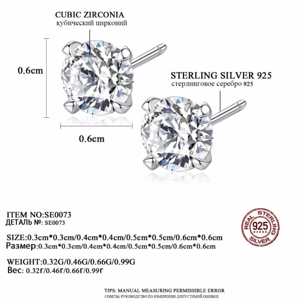 Äkta 925 Sterling Silver örhängen för kvinnor Klassiska fyra klor Storlek 3 mm / 4 mm / 5 mm / 6 mm Main Zircon Stone Ear Stud 4mm