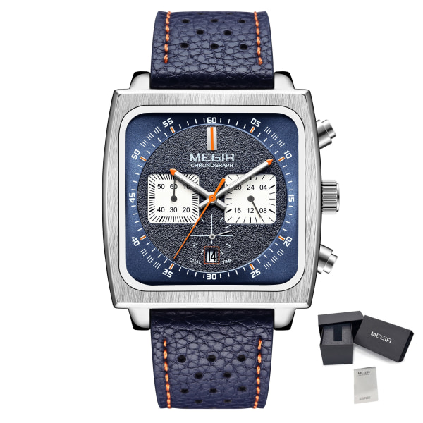 MEGIR Mode Herr Företagsklockor Kronograf Läder Sport Militär Watch Lyxig lysande manlig klocka Reloj Hombre 2182 SilverBlue