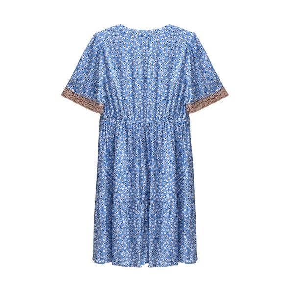 Kvalitet blå blommig viskos klänning för kvinnor 2023 sommar elegant kortärmad fritidshemsklänning med foder Gratis frakt navyblue S