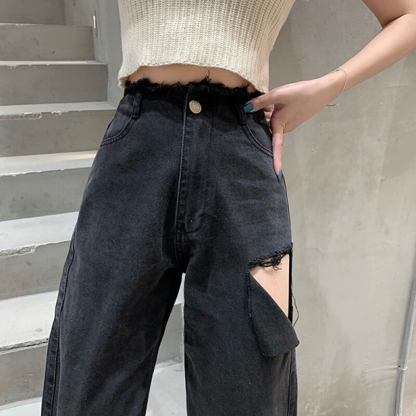 FINORD Hög midja Löst stort hål slitna svarta jeans Dam koreanska Streetwear Vintage jeans Hellängd tvättade raka jeans Black M