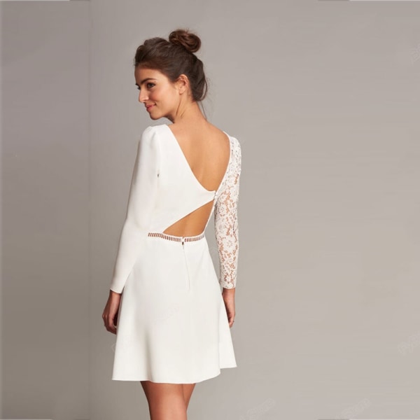 Enkel kort bröllopsklänning med urringad lång specialärmad brudklänning i spets och satäng, utskuren rygg Mini Vestidos De Novia 2023 White 10
