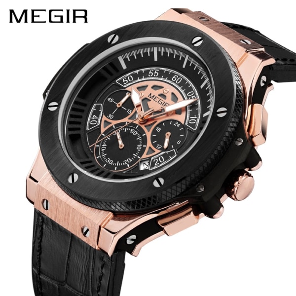 MEGIR Relogios Masculino Läderrem Sportklockor Män Mode Casual Quartz Armbandsur Vattentät Manlig klocka Montre Homme Black