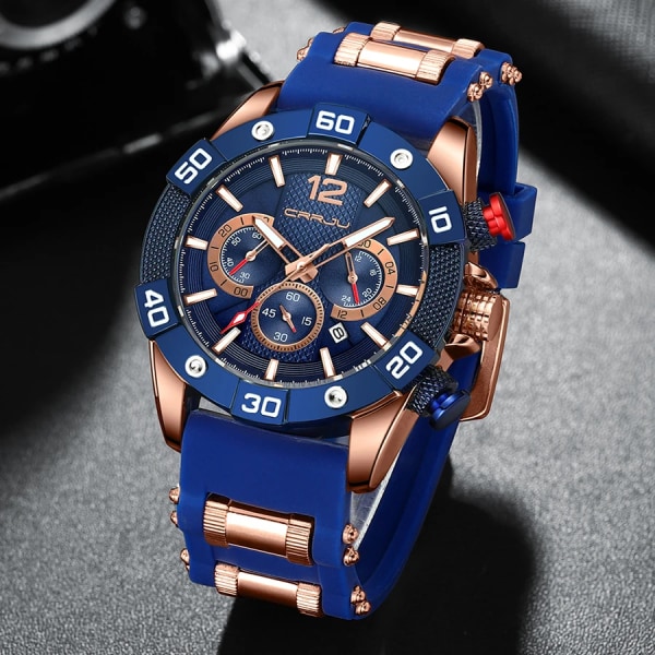 es för Man Quartz Chronograph Vattentät Sport Silikon Datum med Luminous SilverBlueWITHBOX