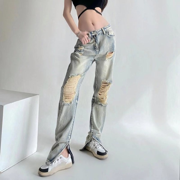 FINORDS Vintage tvättade jeans med sönderrivet hål dam koreanska Streetwear Punk distressed jeans Split Lösa Casual Jeans med hög midja skyblue L