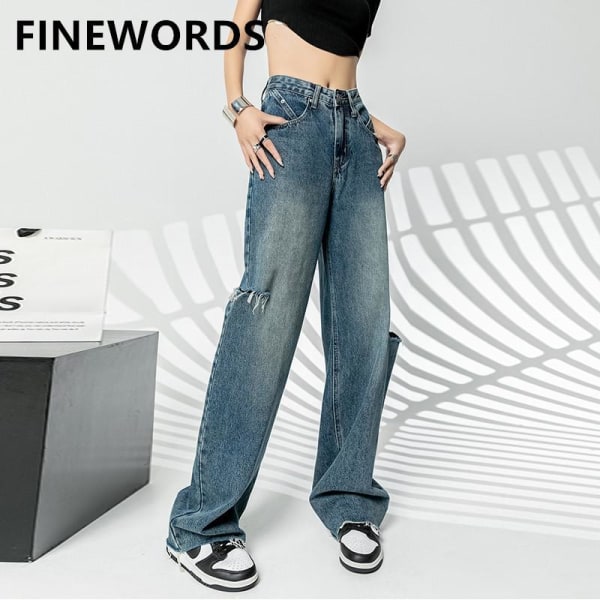 FINORD Ripped Casual Vintage Jeans Dam Koreanska High Waist Baggy Jeans  Streetwear Harajuku Full Längd Washed Denim Byxor Blue S a2d7 | Blue | S |  Fyndiq