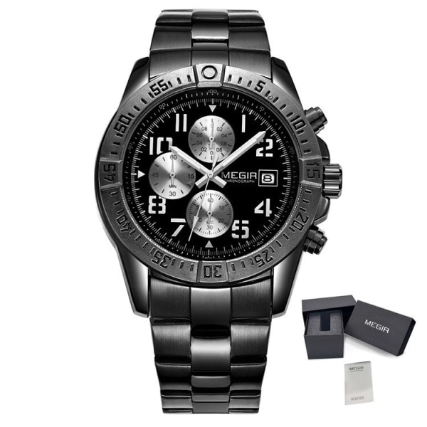 MEGIR Business Quartz-klockor för män Topp lyxmärke Casual Armbandsur Vattentät datumklocka Rostfritt stål Man Chronograph Black