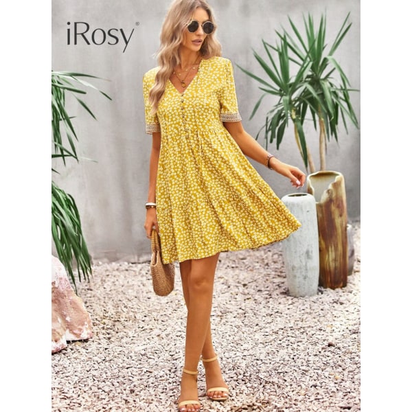 Print viskosklänning för kvinnor 2023 Elegant kortärmad klänning med foder Casual Vacation Beach Home Dress yellow XL