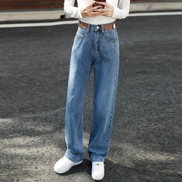 FINORD Vintage jeans med hög midja Dam koreanska Casual Streetwear Koreanska Harajuku jeans Löst tvättade raka blå jeansbyxor Blue XL