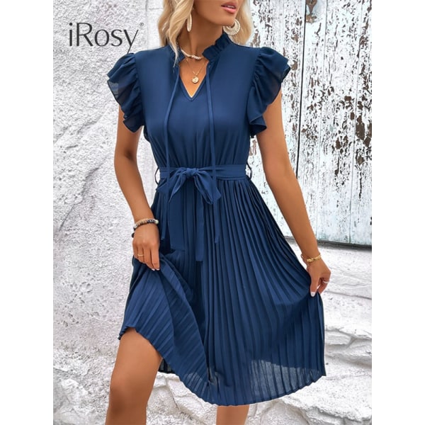 Elegant midi plisserad klänning för kvinnor Blå volangärm Elastisk midja klänning med bälte Kvinnlig sommarkläder Festoutfit blue L
