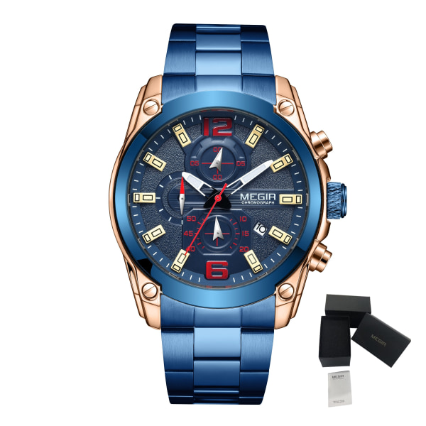 MEGIR Lyx Watch Armbandsur i rostfritt stål Vattentät Herrklocka Lysande watch Kalender reloj hombre 2063 RoseBlue