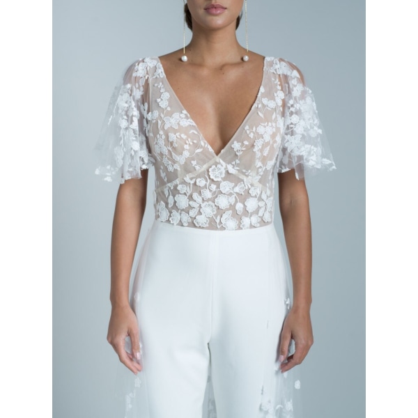 Boho White Backless Jumpsuit Kort ärm Spets V-hals Strand Brudklänning Byxor Kostym med tåg Vestidos De Novia ivory 8