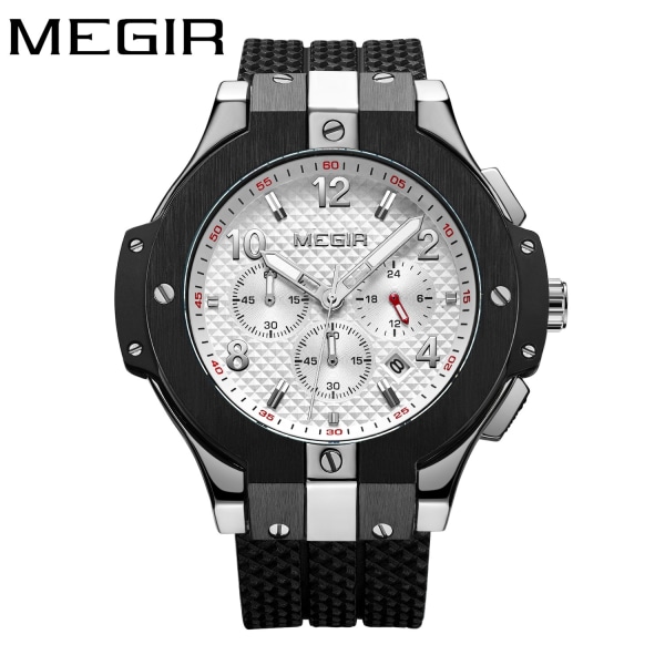 MEGIR Herr Sportklockor Silikonarmband Militär Quartz Watch Luxury Man Chronograph Clock Casual Vattentäta Armbandsur 2050 Black