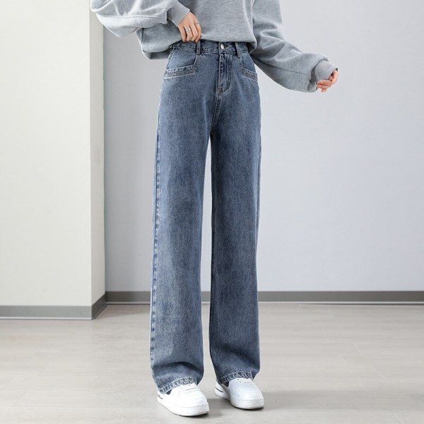 FINORD Hög midja Höst Vinter Beige Jeans med breda ben Dam Koreanska Casual Lösa Mom Jeans Streetwear Harajuku jeansbyxor Blue L