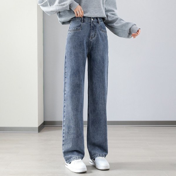 FINORD Hög midja Höst Vinter Beige Jeans med breda ben Dam Koreanska Casual Lösa Mom Jeans Streetwear Harajuku jeansbyxor Blue XL