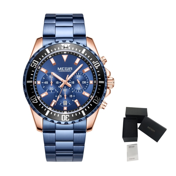 MEGIR Märke Lyx Watch Business Quartz Klockor Vattentät Lysande Armbandsur För Herr Watch manlig Kalender 2064 SilverBlue