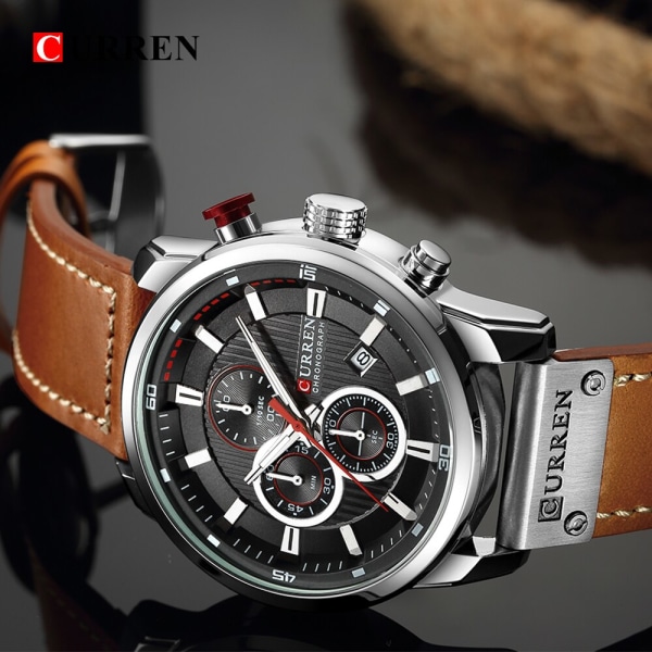CURREN Watch för män Chronograph Armbandsur Casual Läder Mode Militär Sport Herr Gentleman Quartz Clock 8291 silver blue