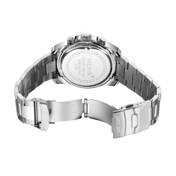 MEGIR Lyx Watch Armbandsur i rostfritt stål Vattentät Herrklocka Lysande watch Kalender reloj hombre 2063 SilverBlue