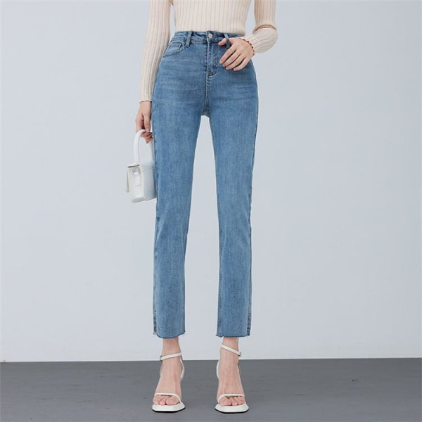 FINORD Vintage Skinny Jeans med hög midja Dam Koreansk Casual Slim Push Up Jeans Streetwear Harajuku Slim Eleganta jeansbyxor Blue M